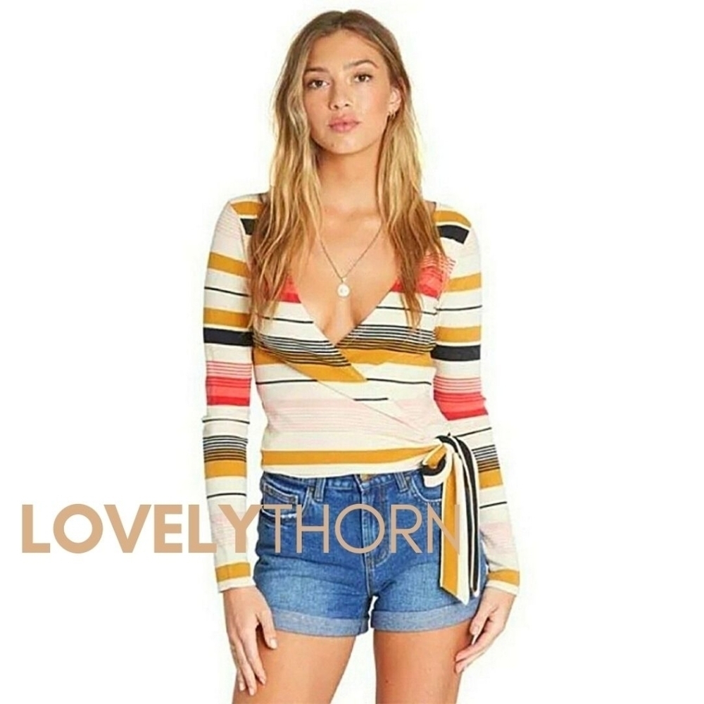 BILLABONG // 70s stripe print wrap tie stretch rib knit top